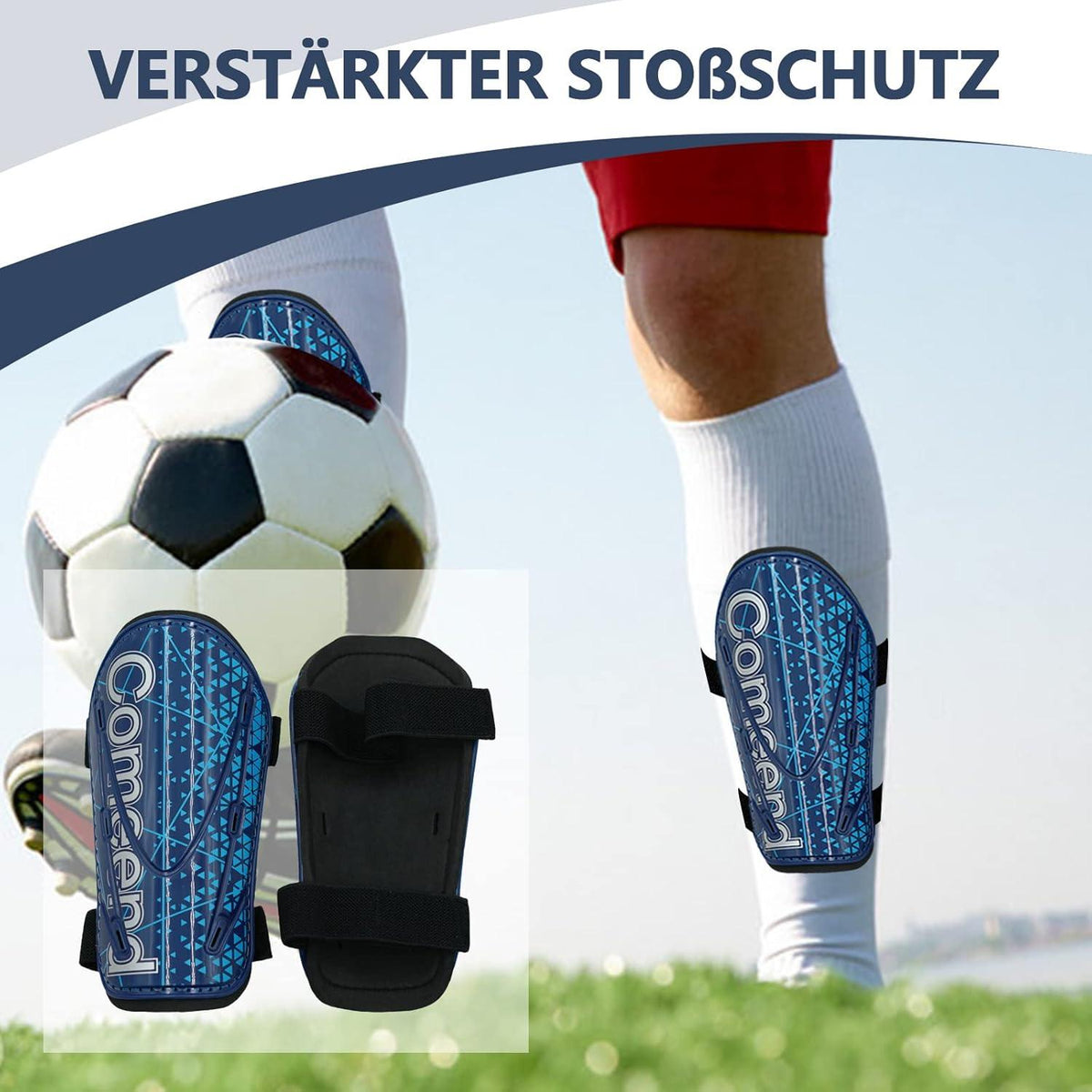 Fußball Schienbeinschoner Verstellbarer Riemen Jugendliche Erwachsene Blau