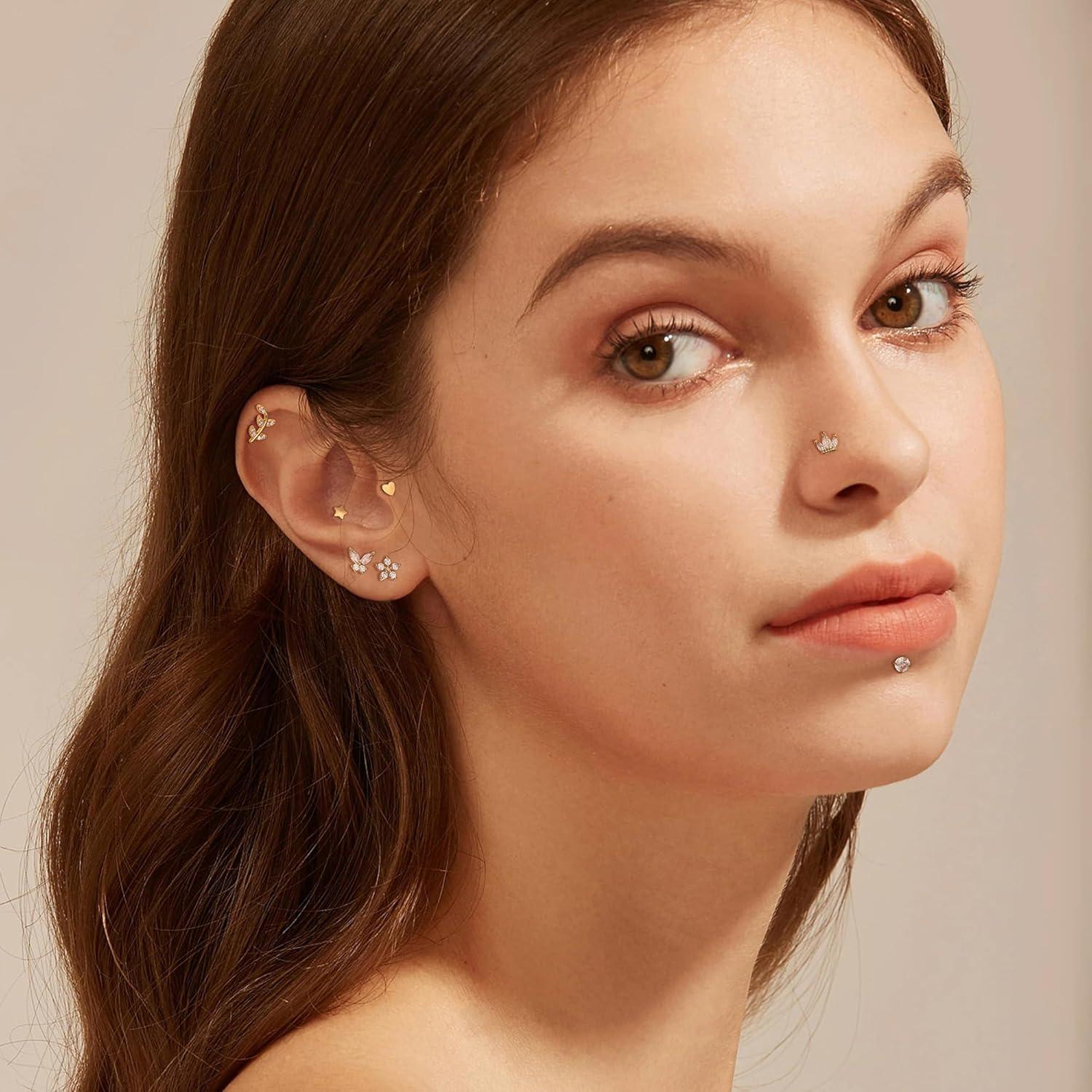 16G Chirurgenstahl Tragus Helix Piercing Set mit CZ in Silber/Gold