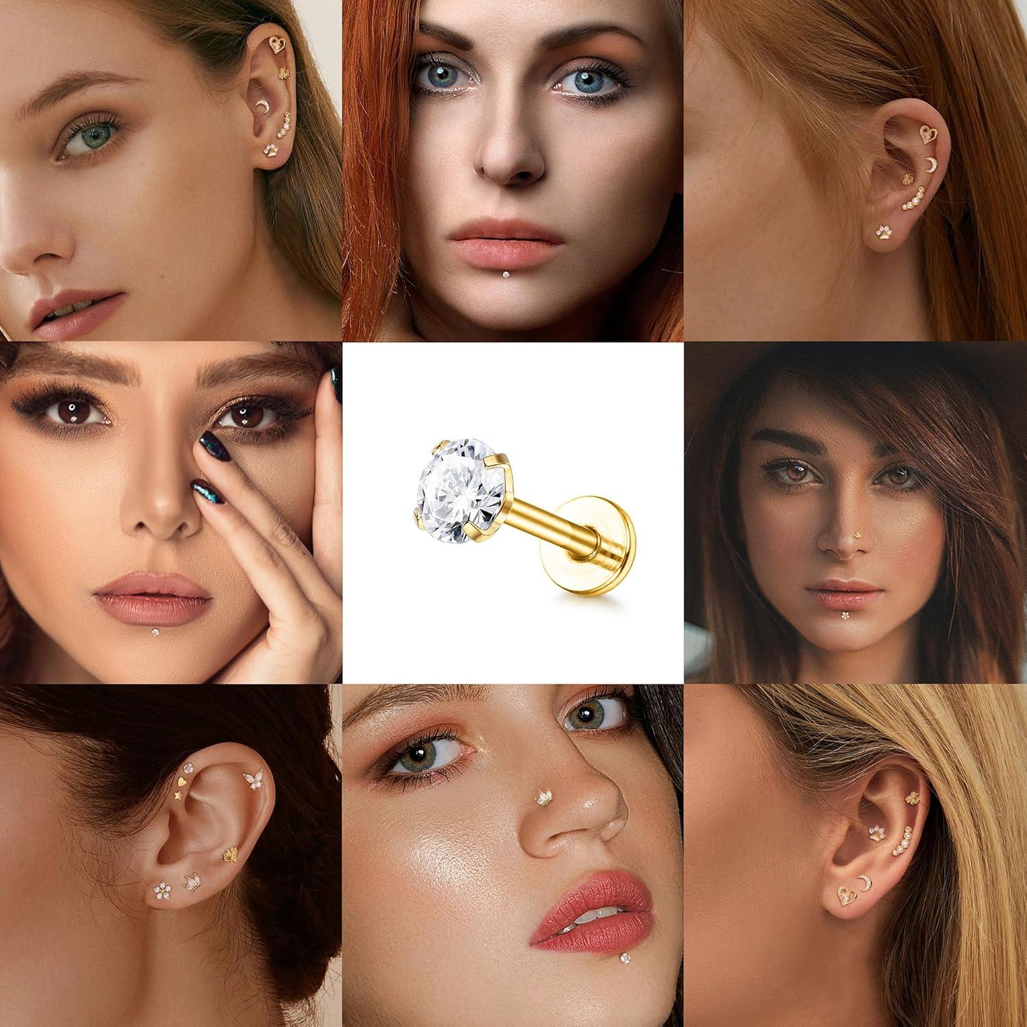 Tragus Helix Piercing Set 12 Stück Chirurgenstahl CZ Herz Stern Mond Blatt Nasenstecker Conch Tragus Silber/Gold 6.0mm