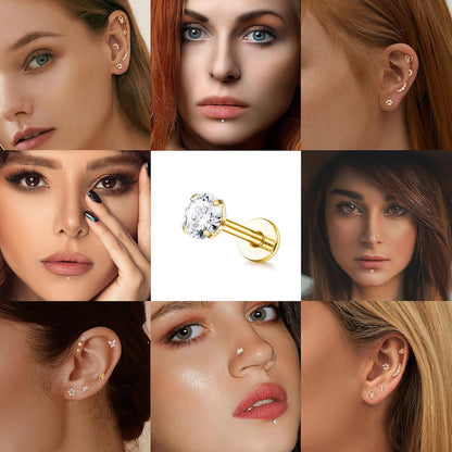 Tragus Helix Piercing Set 12 Stück Chirurgenstahl CZ Herz Stern Mond Blatt Nasenstecker Conch Tragus Silber/Gold 6.0mm