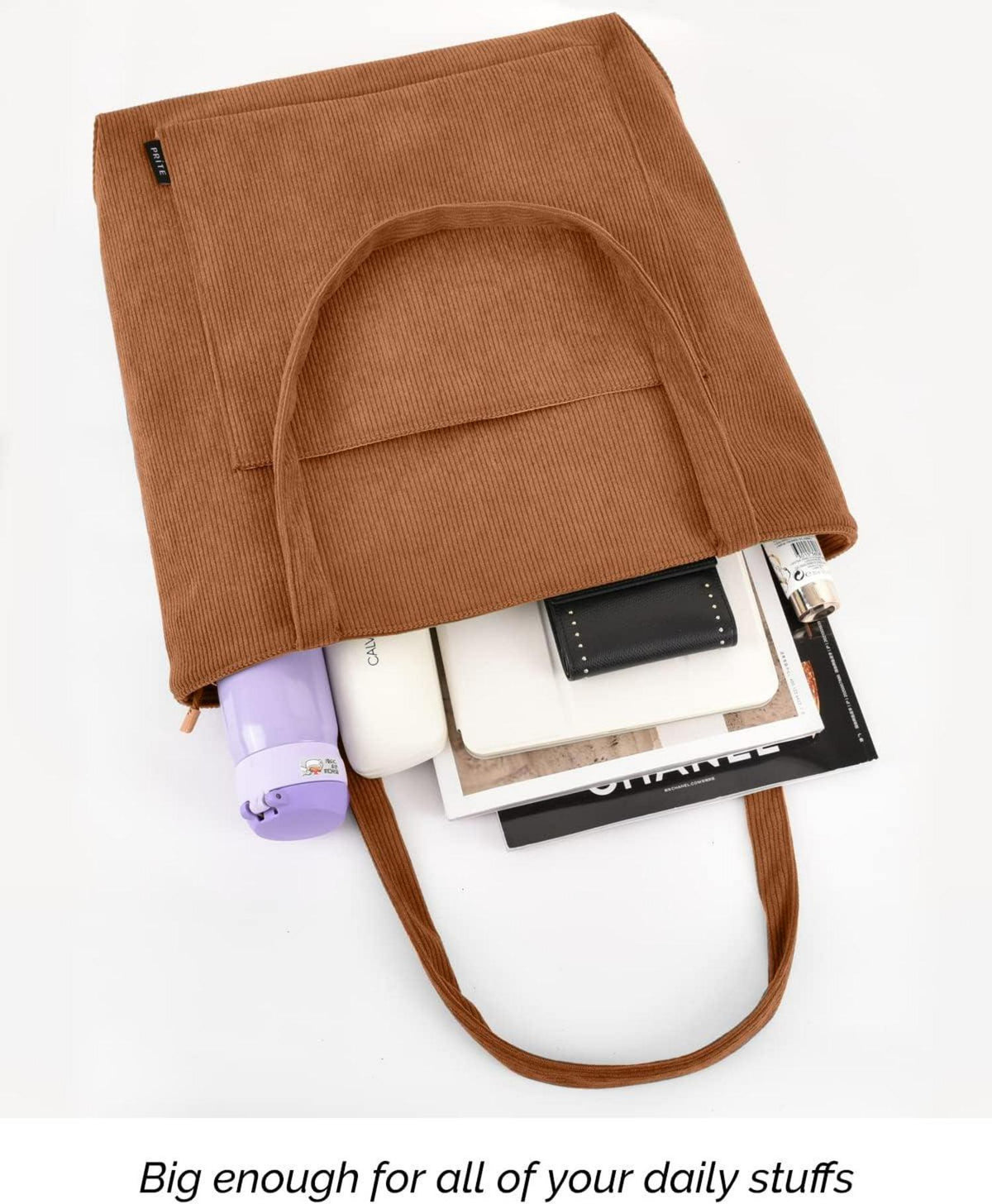 Prite Handtasche Damen Cord Tote Bag Umhängetasche Groß Stofftasche braun