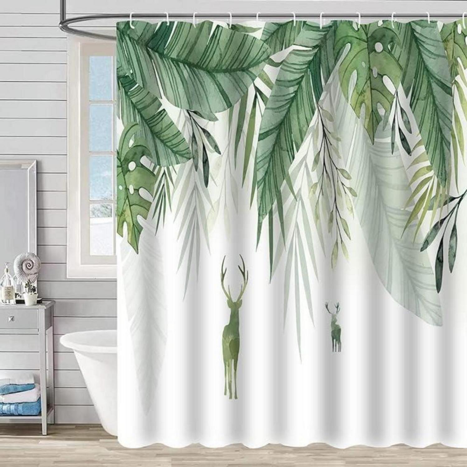 Duschvorhang 180x200 cm Wasserdicht Polyester Grün Blumen inkl. 12 Ringe