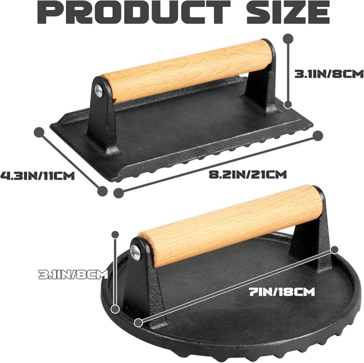 2er-Set Burgerpresse Gusseisen Antihaft Rund Rechteckig 1kg Pattie
