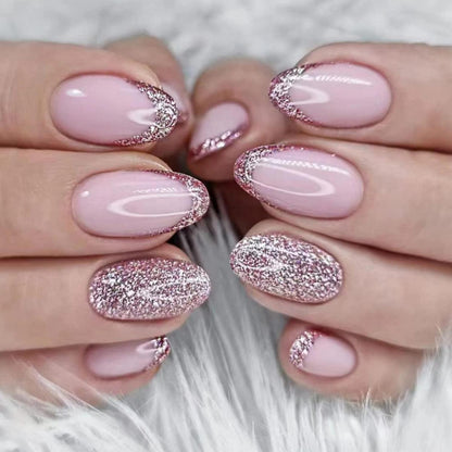 Rosa Glitzer Mandel Nägel Zum Aufkleben Kurz French Press on Nails