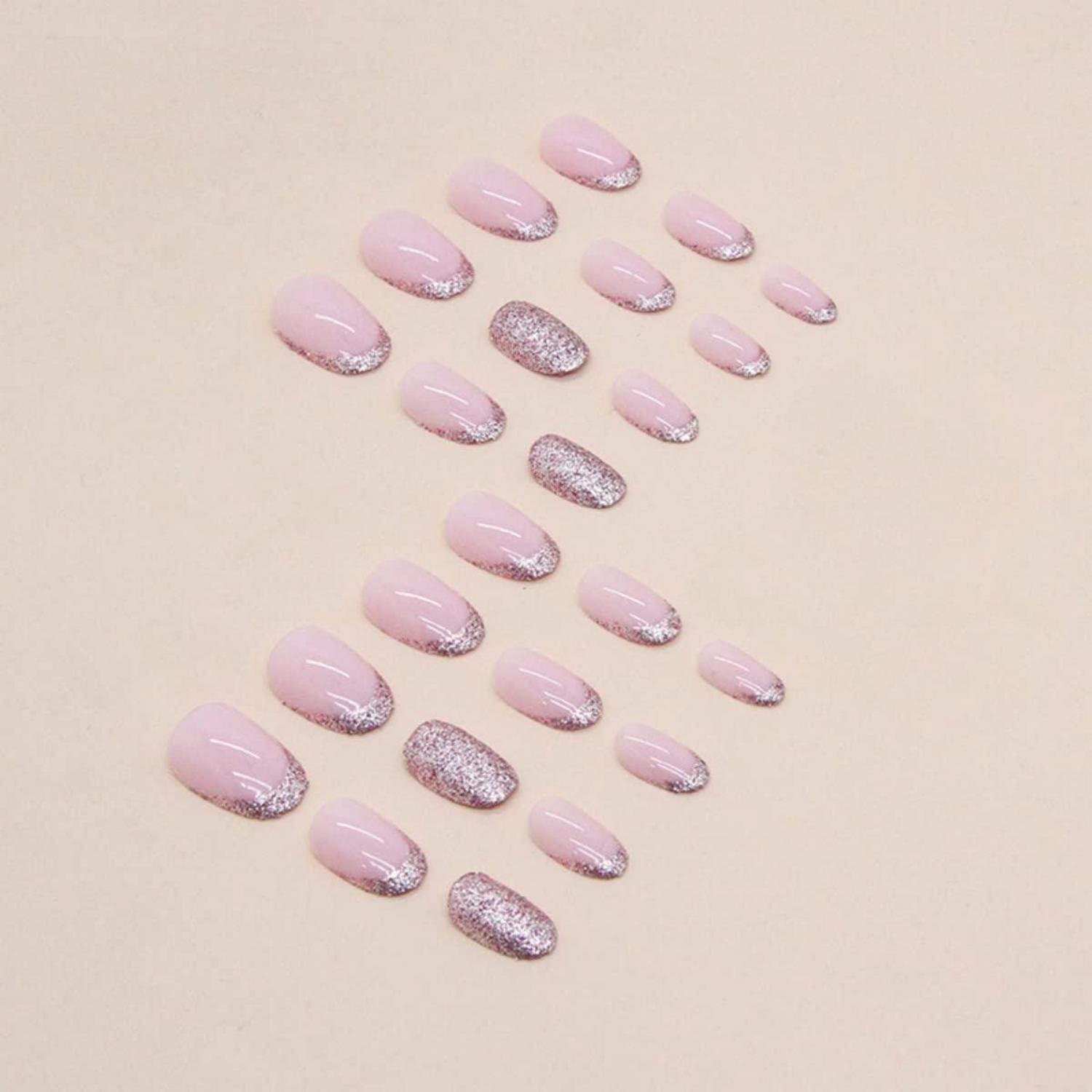 Rosa Glitzer Mandel Nägel Zum Aufkleben Kurz French Press on Nails