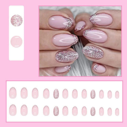 24 Rosa Glitzer Mandel Nägel Fake Nails Aufkleben French Press Kurz Oval