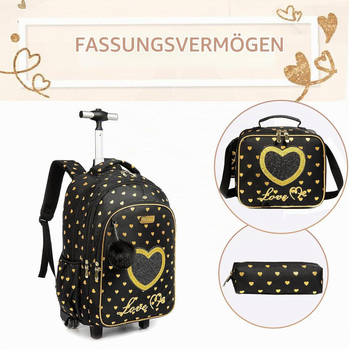 Schultrolley für Mädchen mit Rollen – Schwarz-liebe