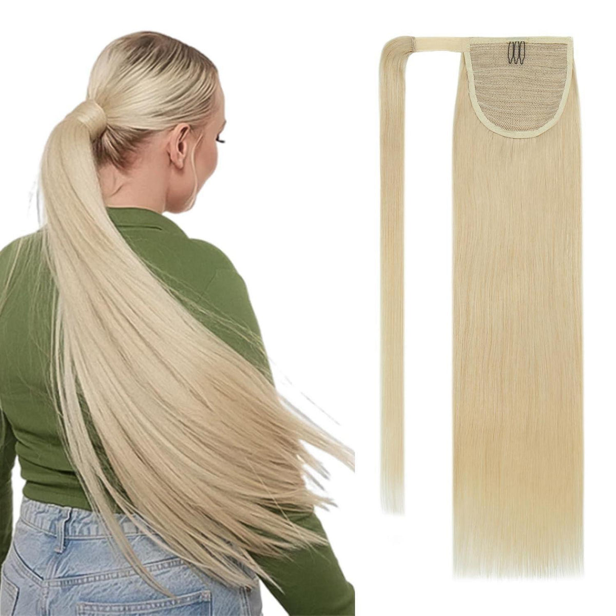 Echthaar Pferdeschwanz Extension glatt #613 hellblond 45cm