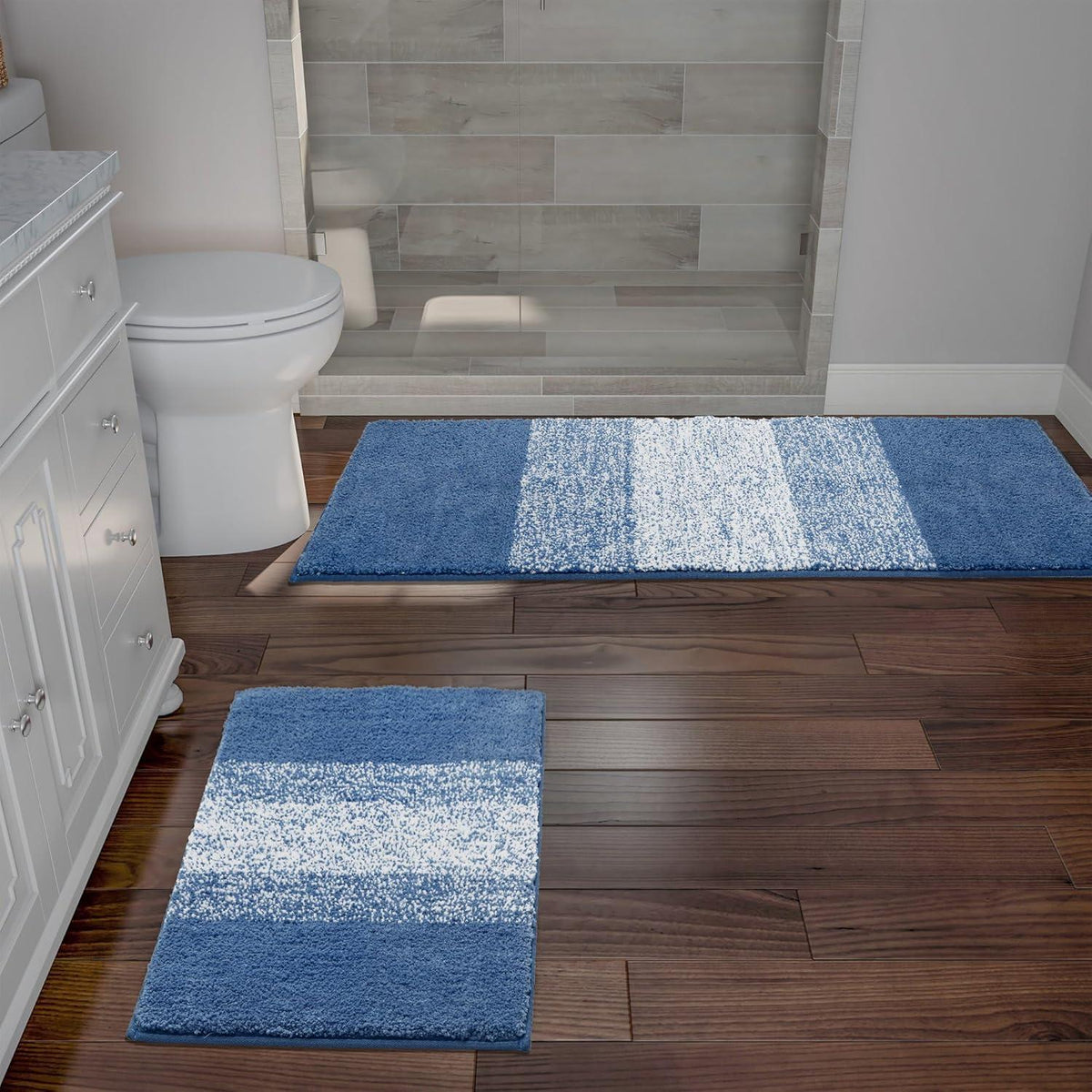 Enyhom Mikrofaser Badteppich Set Blau Rutschfest Saugfähig 45 x 65 + 45 x 120 cm