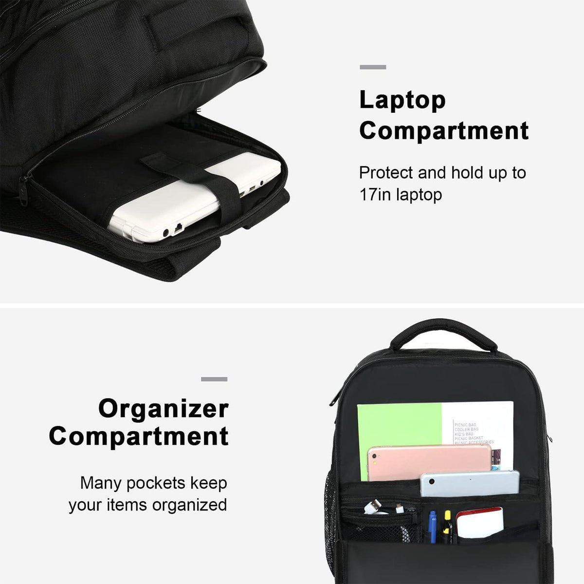 Handgepäck Rucksack 40L USB Laptop 17 Zoll Wasserabweisend Schwarz
