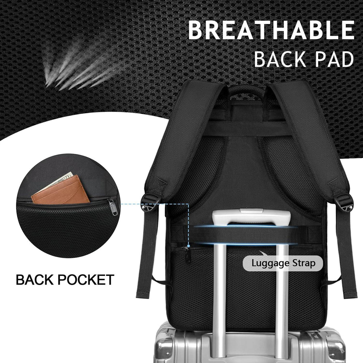 Handgepäck Rucksack 40L USB Laptop 17 Zoll Schuhfach Schwarz