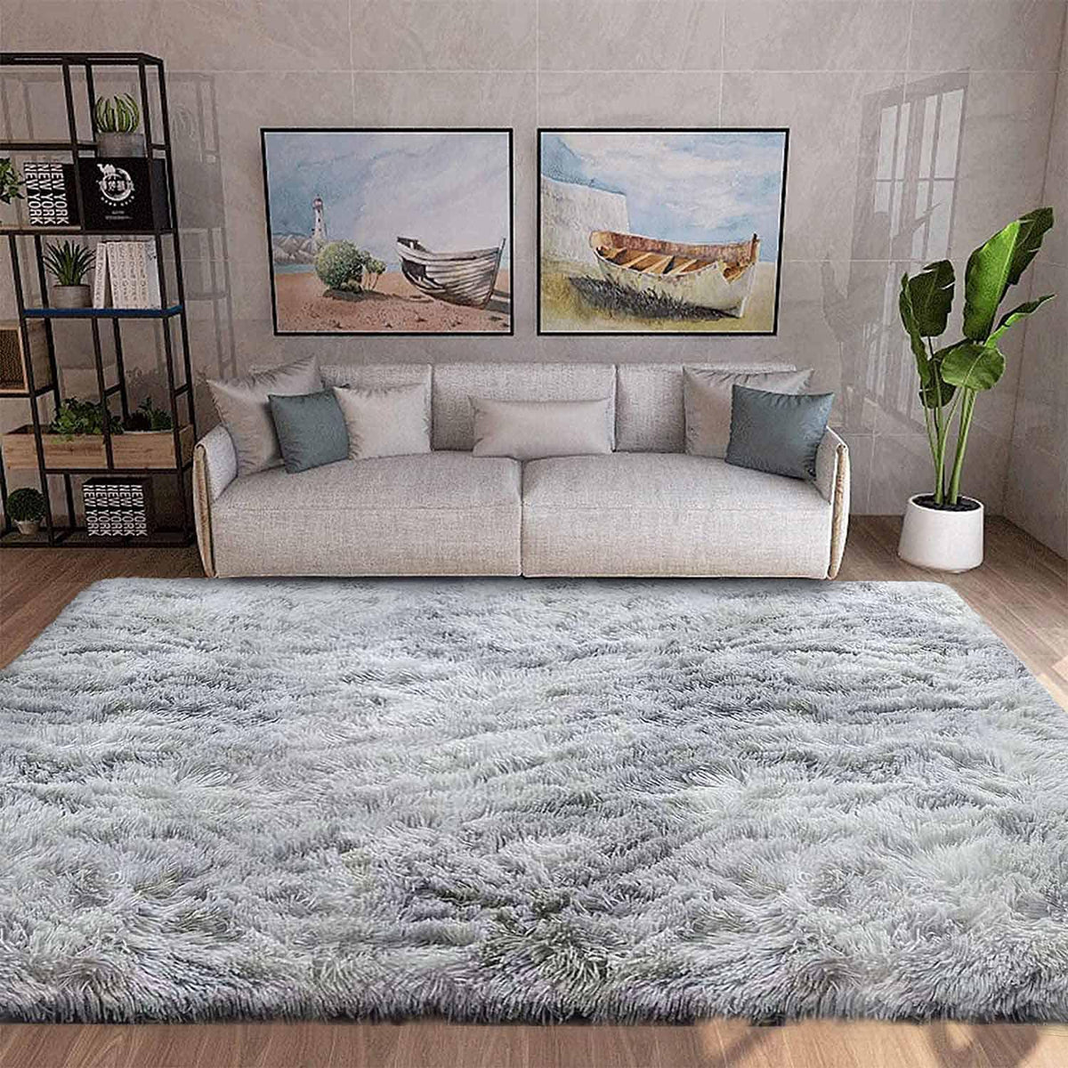 Hochflor Teppich Grau Weiß 250x300 cm, Flauschig & Rutschfest