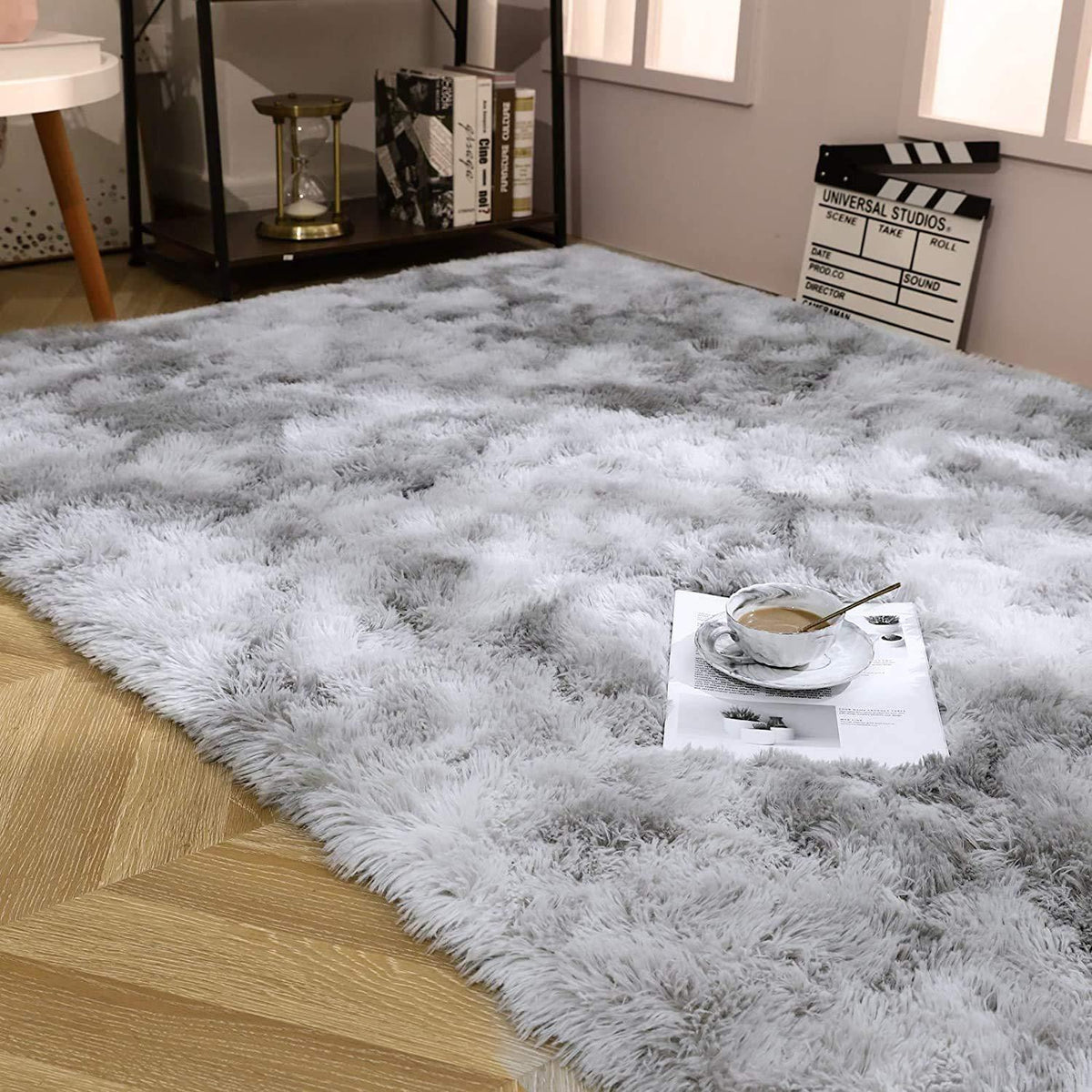 Hochflor Teppich Grau Weiß 250x300 cm, Flauschig & Rutschfest