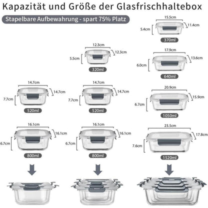 Glas-Frischhaltedosen Set 18-teilig für Meal Prep