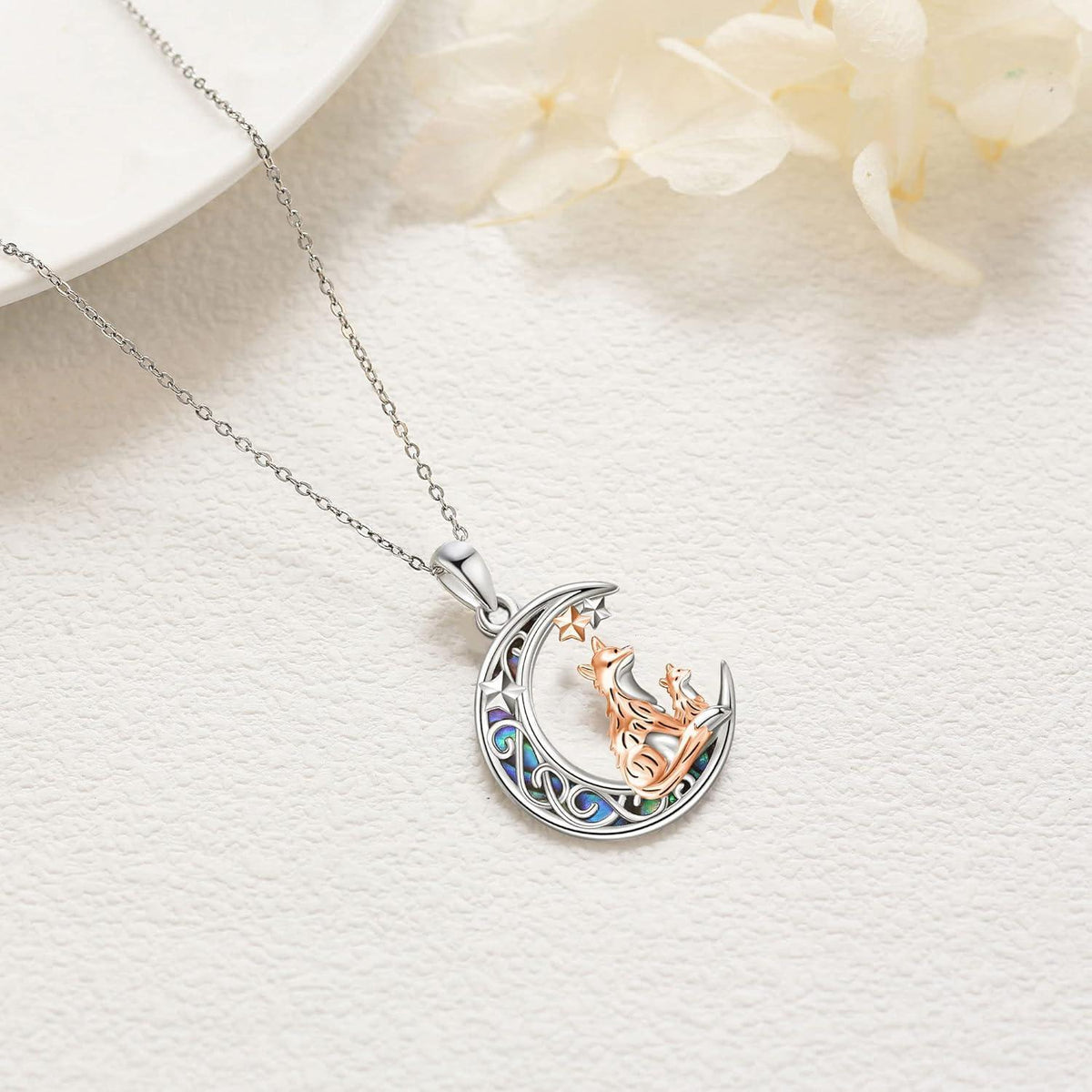 Halskette Sterling Silber Fuchs auf Mond mit schwarzer Katze