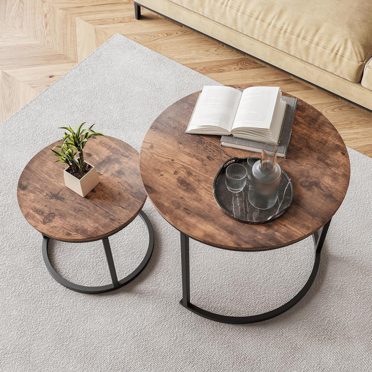 Runder Couchtisch 2er-Set, Metallrahmen, Braun