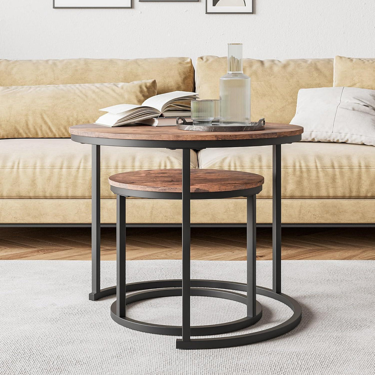 Runder Couchtisch 2er-Set, Metallrahmen, Braun