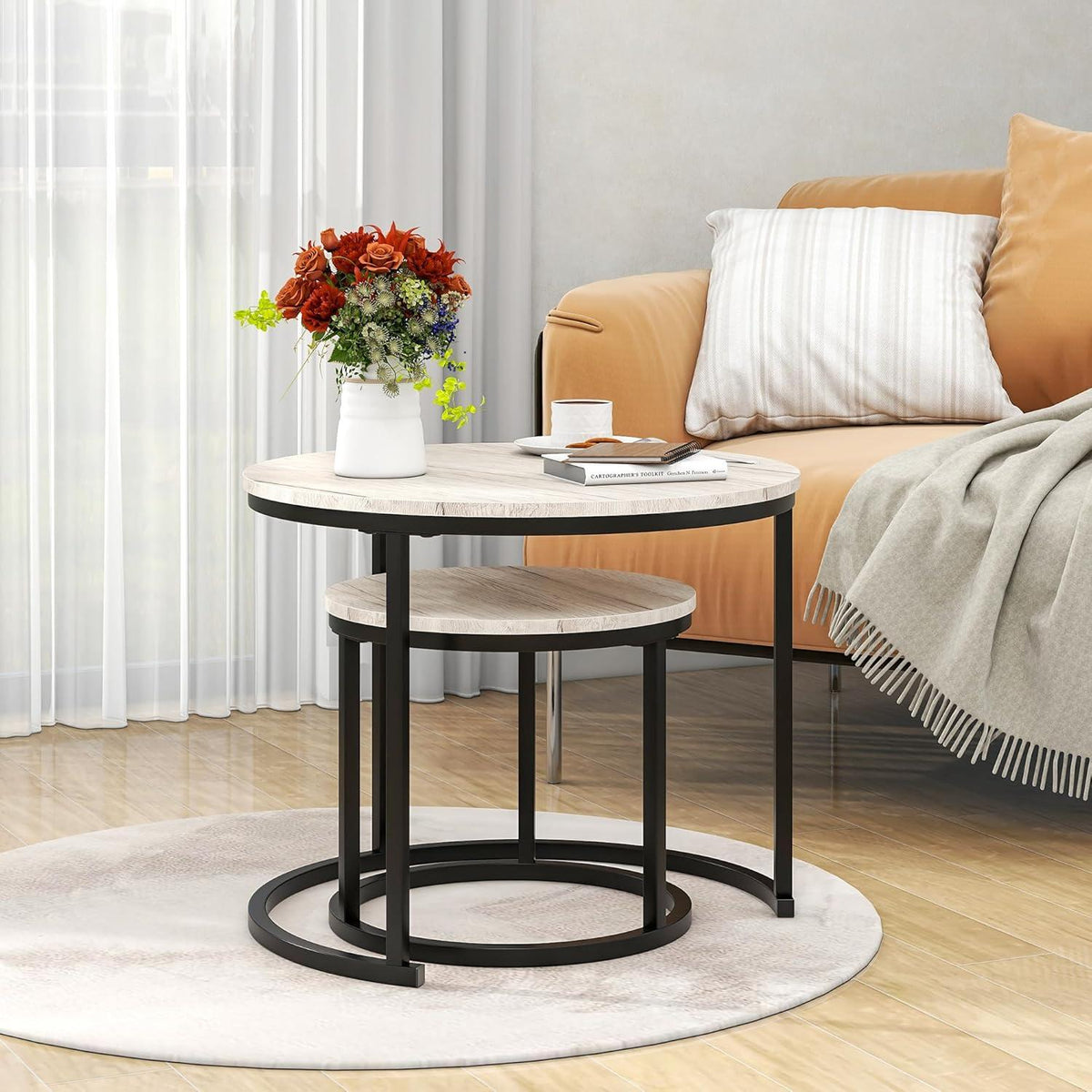 Stapelbarer Couchtisch Set Holz Metall weiß rund