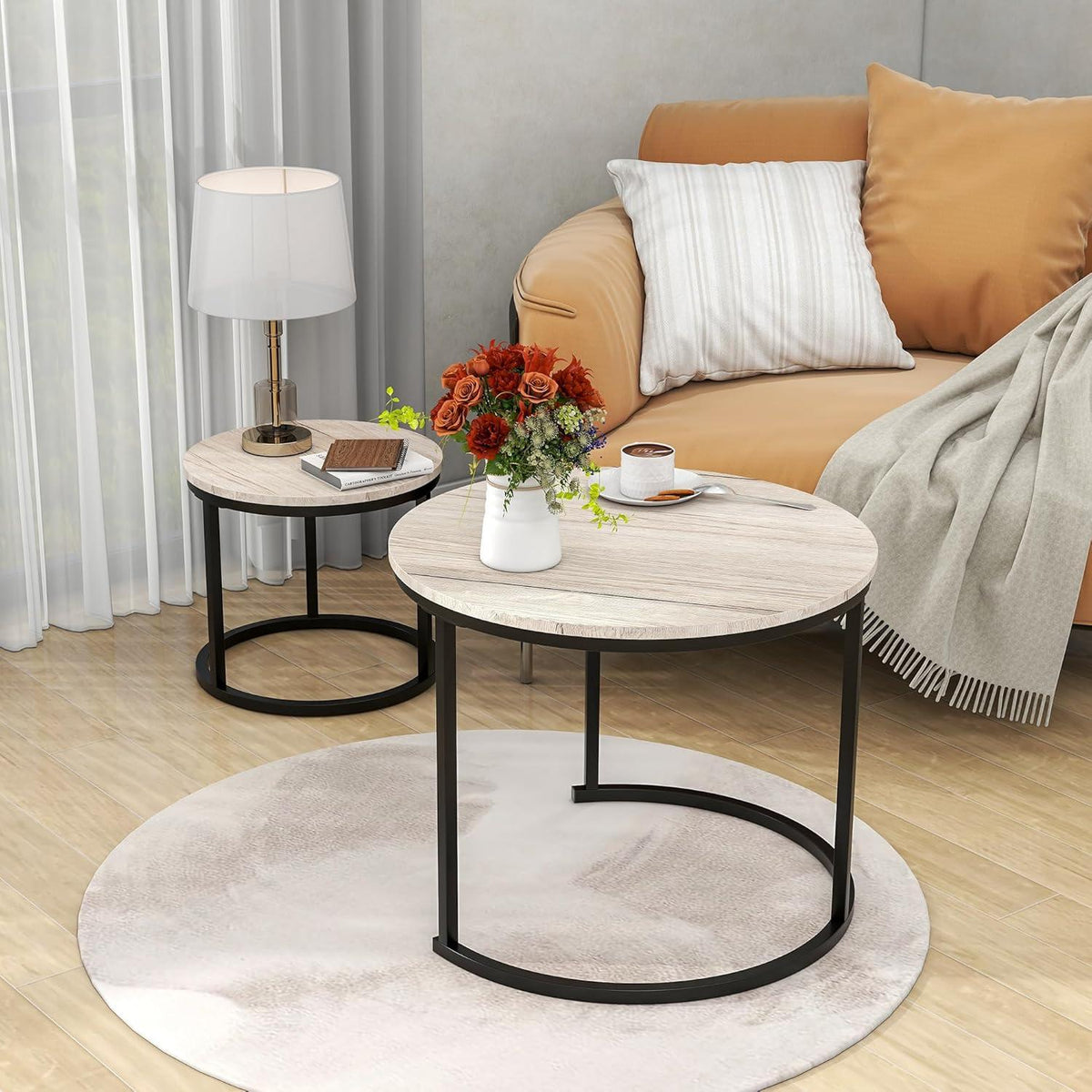 HOJINLINERO Kleiner runder Couchtisch 2er-Set Weiß Oak