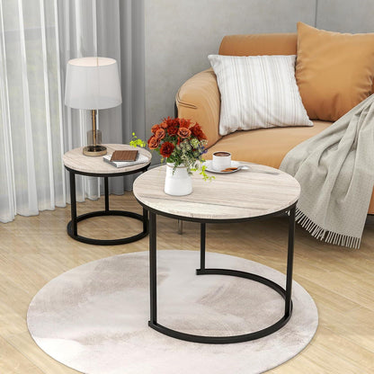 HOJINLINERO Kleiner runder Couchtisch 2er-Set Weiß Oak
