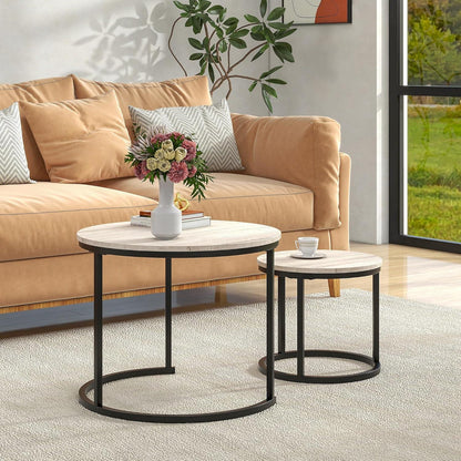 HOJINLINERO Kleiner runder Couchtisch 2er-Set weiß Metall-Holz