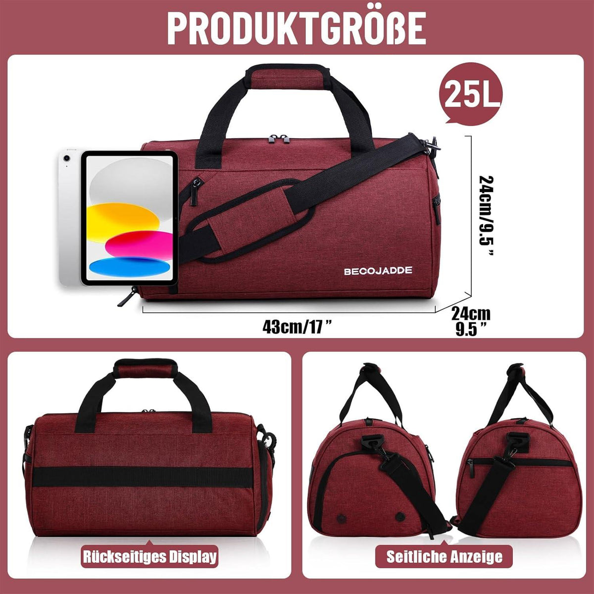 Sporttasche Damen Herren 25L Reisetasche Duffel Bag Rotwein