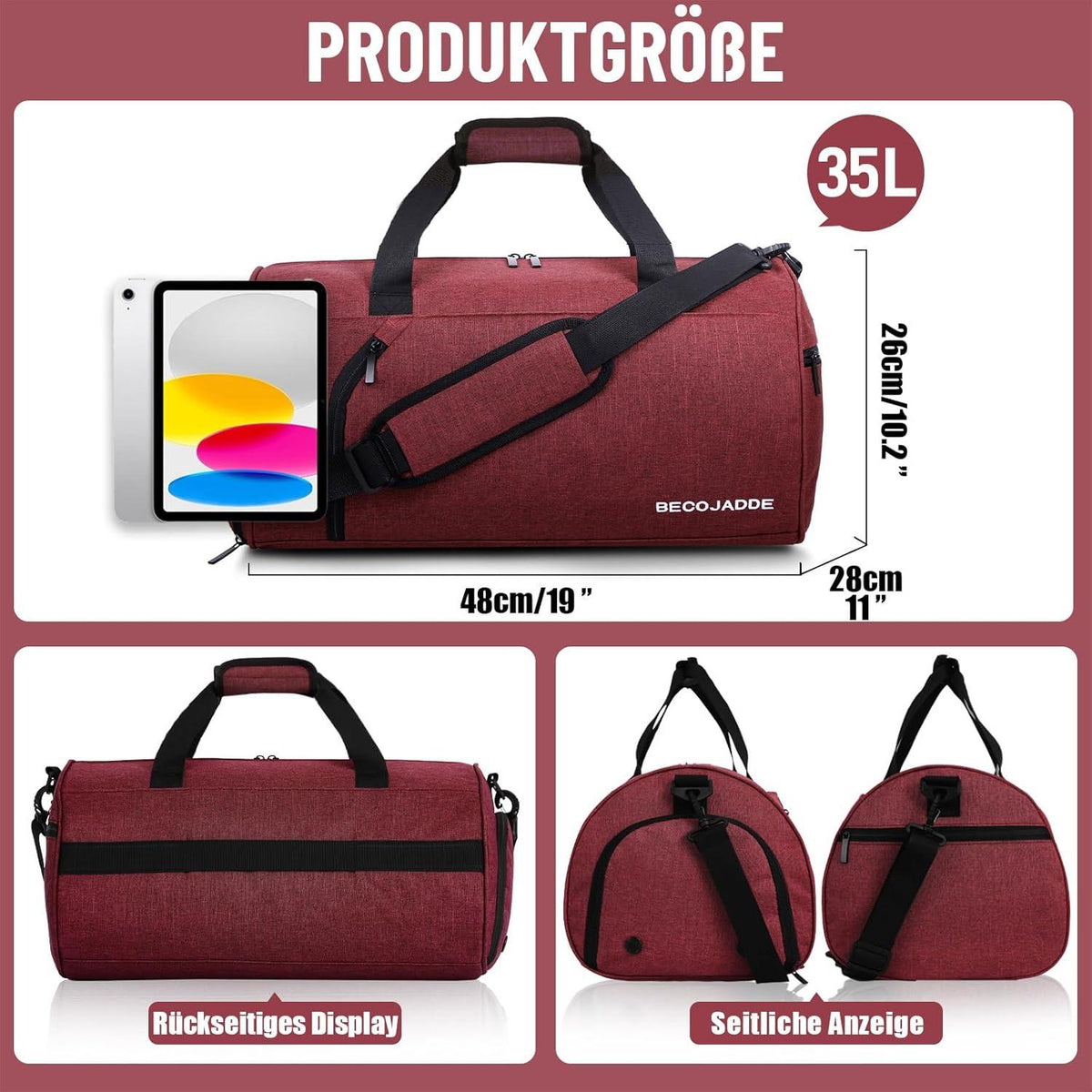 Sporttasche 35L mit Schuhfach und Nassfach - Wasserdicht für Sport und