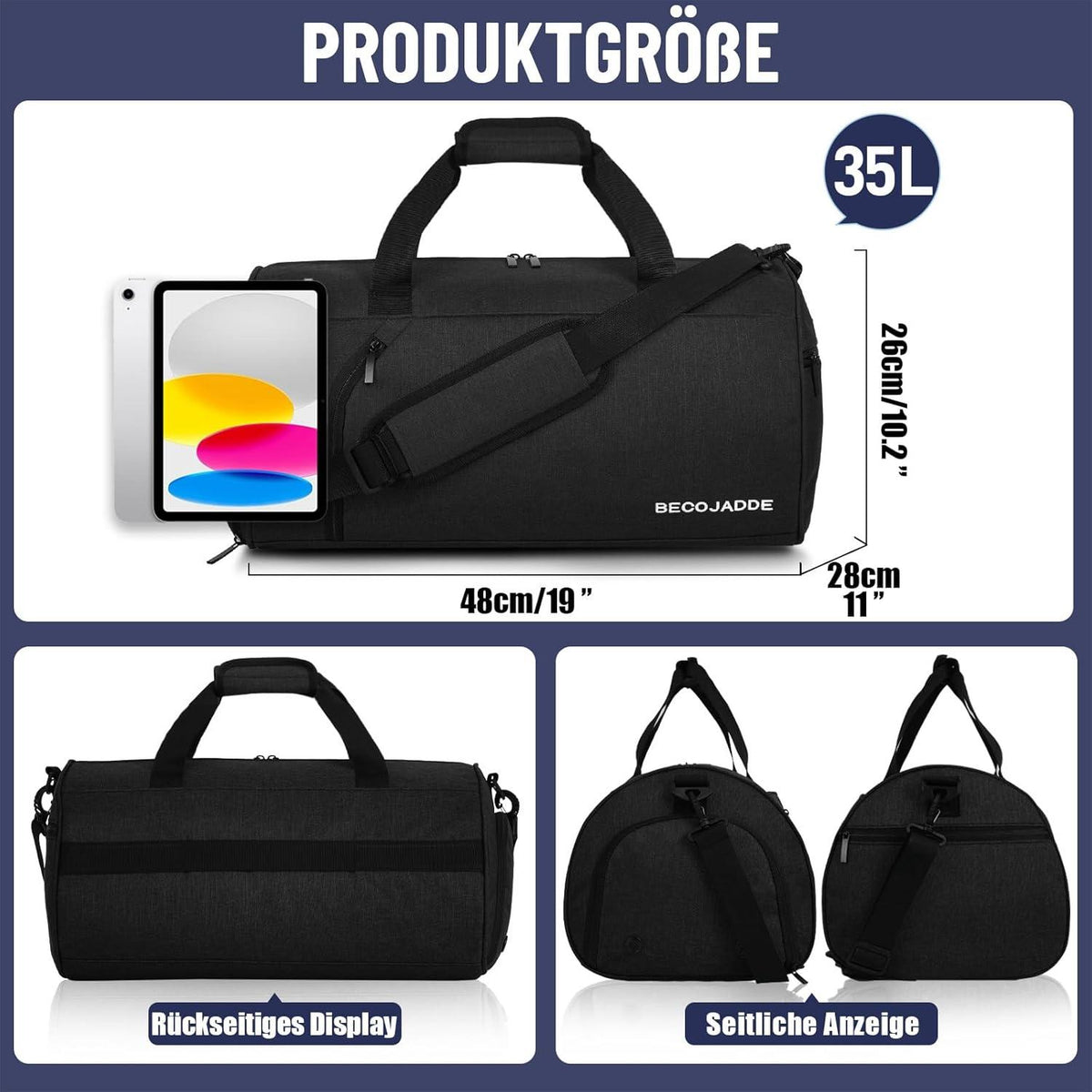Sporttasche Damen Herren 35L Reisetasche Duffel Bag Schwimmen Schwarz