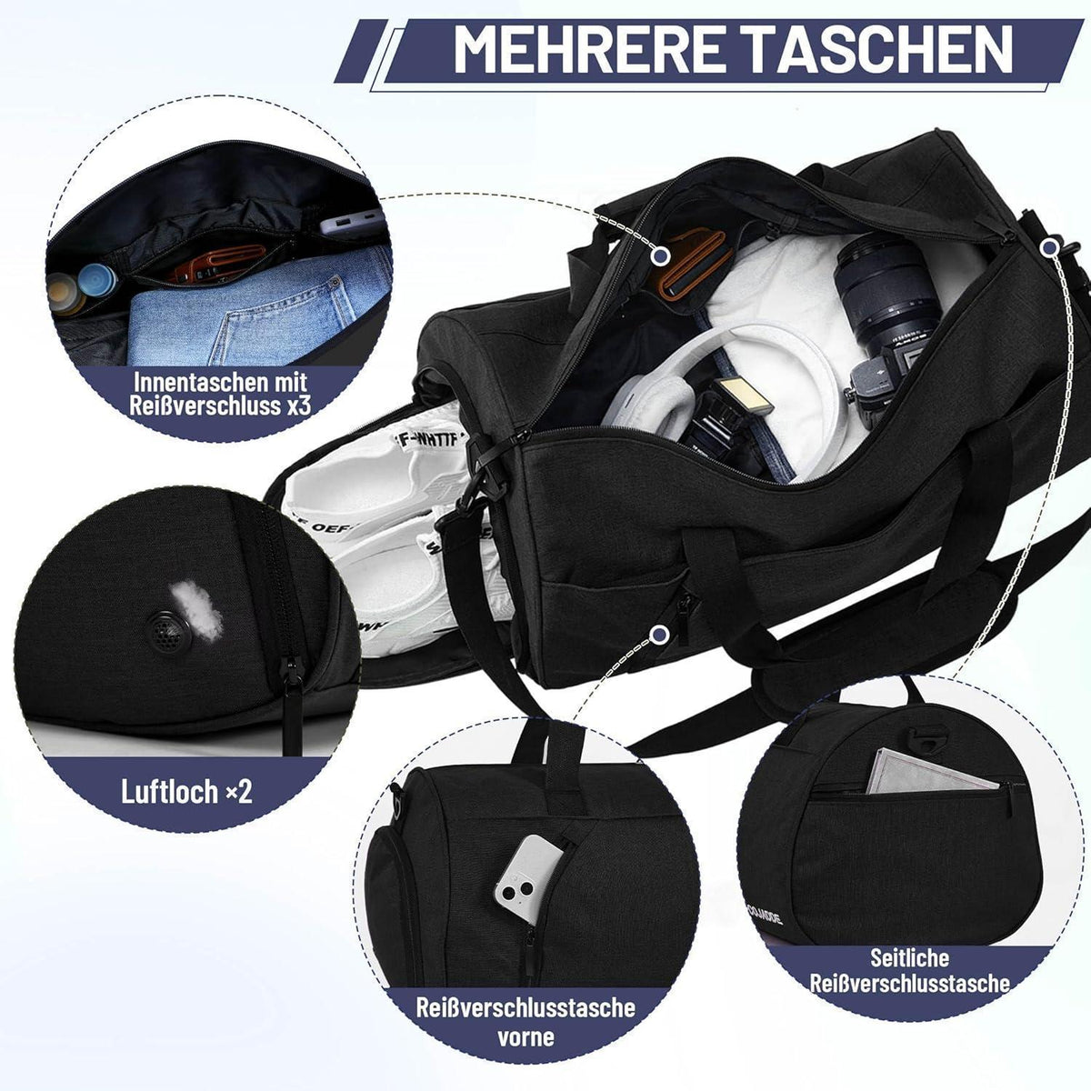 Sporttasche mit Schuhfach & Nassfach, 25L Schwarz