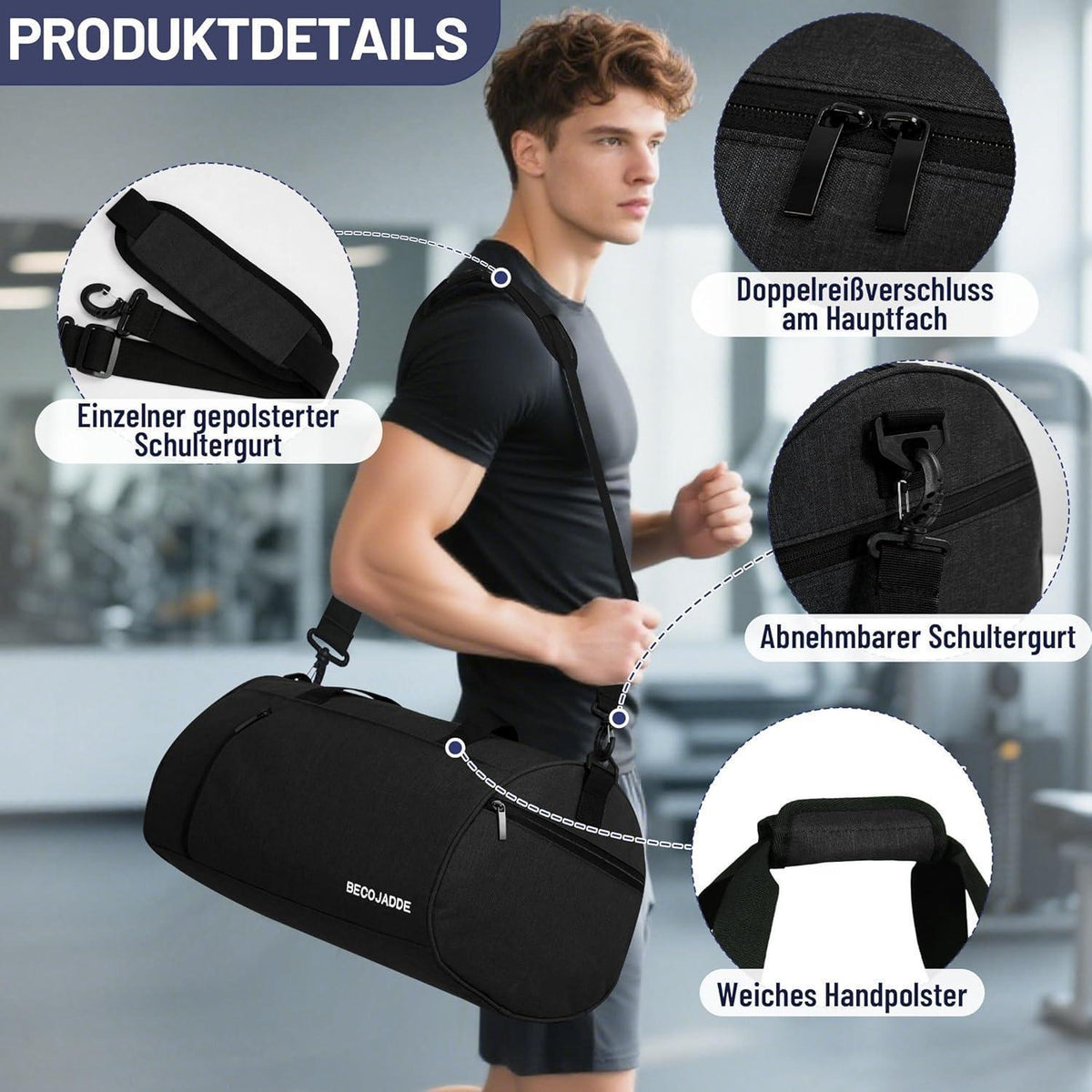 Sporttasche mit Schuhfach & Nassfach, 25L Schwarz