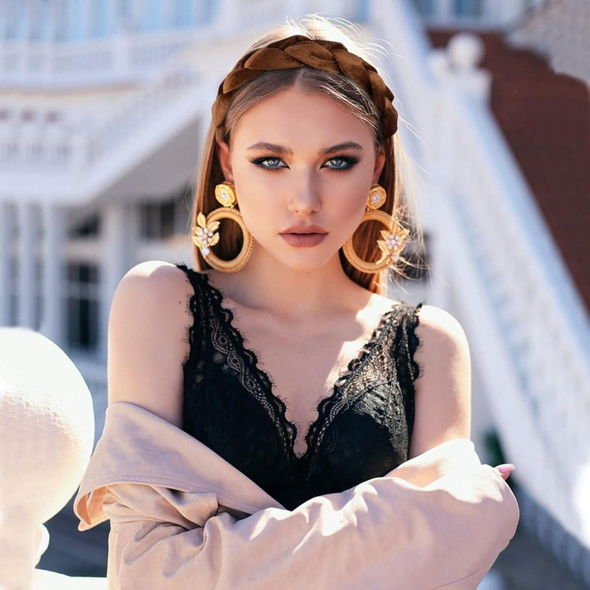 Samt Haarreif Dirndl geflochten Vintage Stirnband Damen Mädchen Braun