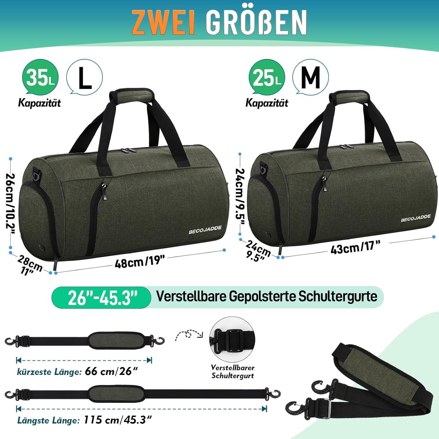 Sporttasche für Damen und Herren, 25L Reisetasche mit