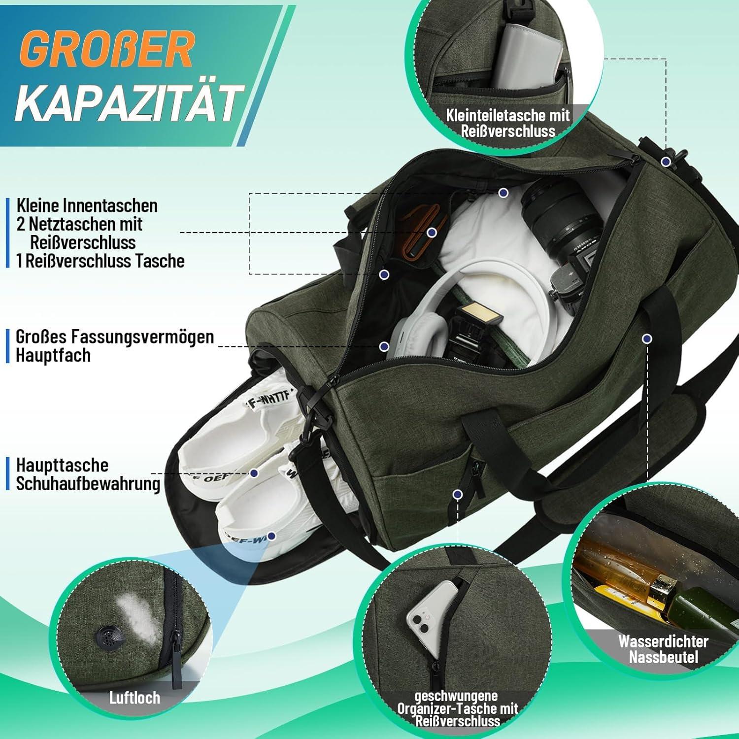 Sporttasche mit Schuhfach & Nassfach, wasserdicht, 25L, Armeegrün
