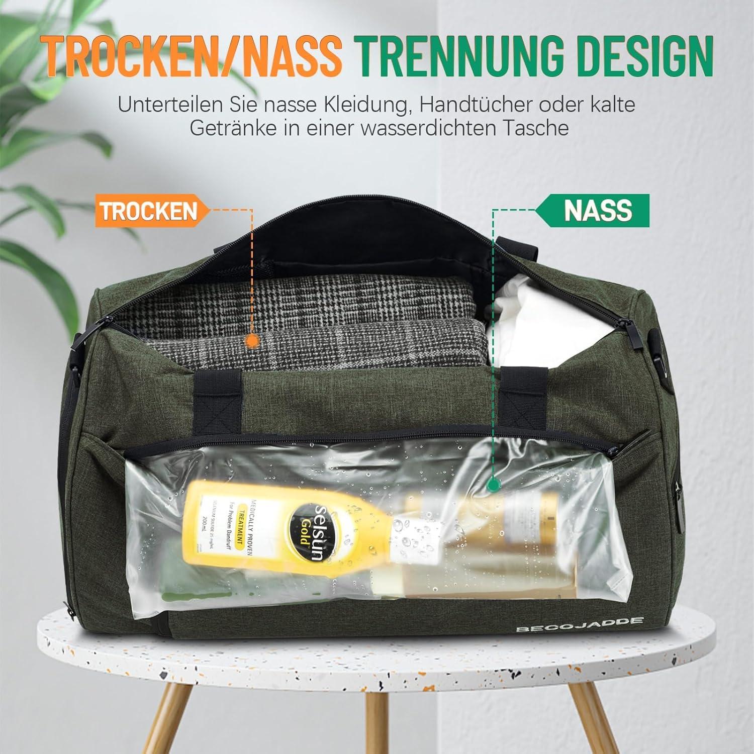 BECOJADDE Sporttasche 25L Armeegrün mit Schuhfach & Nassfach, wasserdicht, Handgepäcktasche für Sport, Fitness, Schwimmen