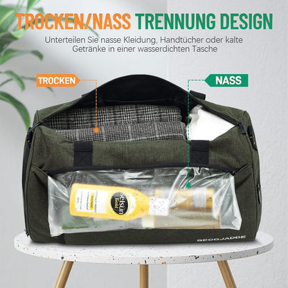 BECOJADDE Sporttasche 25L Armeegrün mit Schuhfach & Nassfach, wasserdicht, Handgepäcktasche für Sport, Fitness, Schwimmen