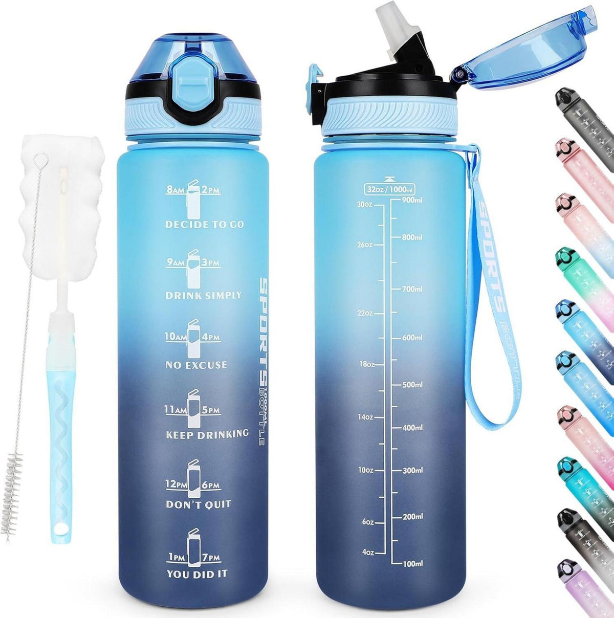 Sport-Trinkflasche 1L BPA-frei mit Strohhalm & Zeitmarkierungen