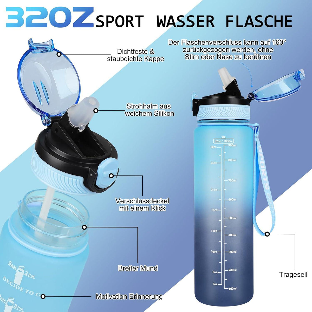 Trinkflasche 1L BPA-frei Sport Wasserflasche Stroh