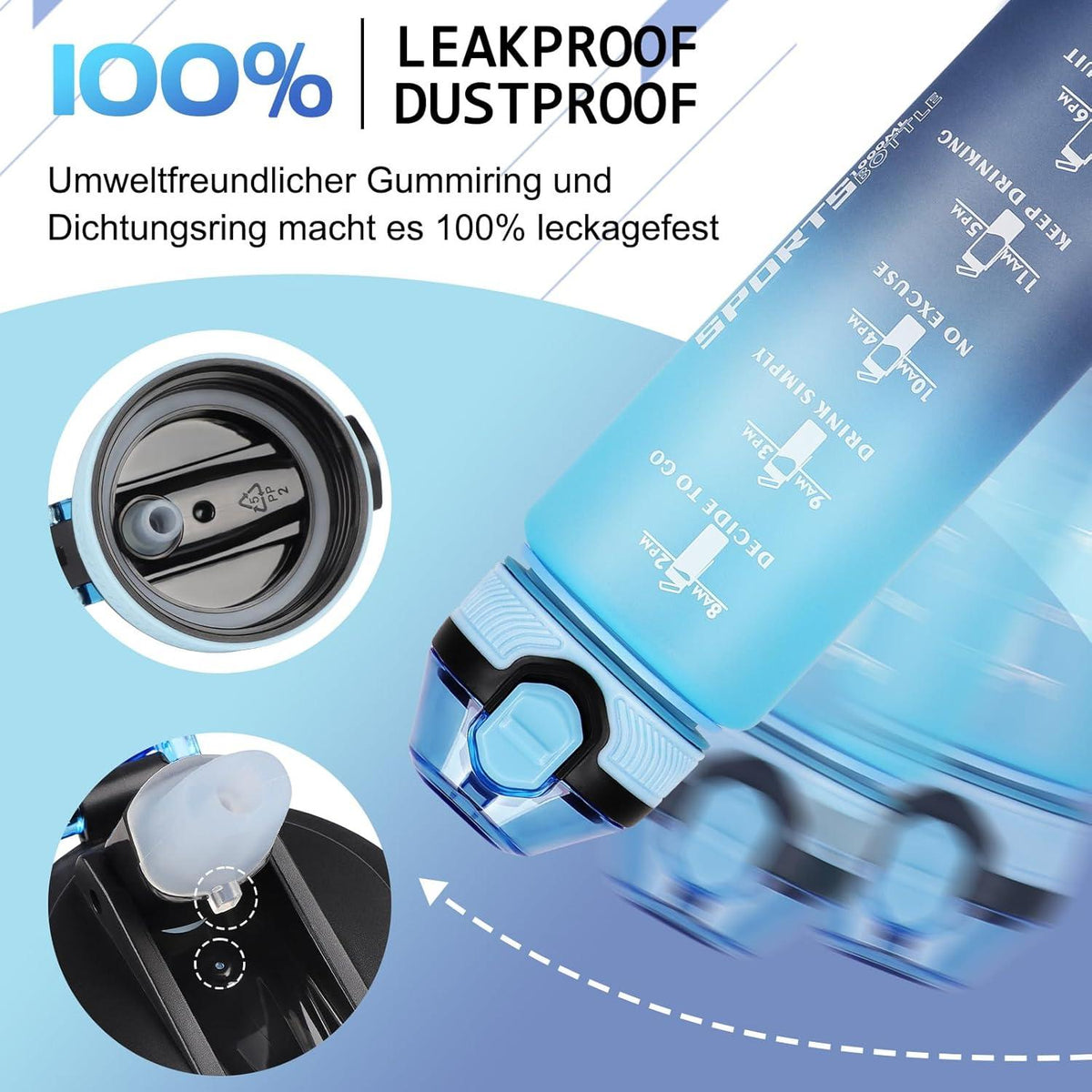 Sport-Trinkflasche 1L BPA-frei mit Strohhalm & Zeitmarkierungen