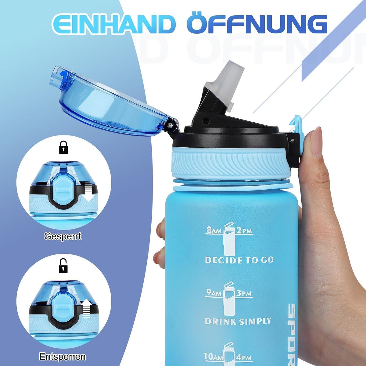 AOHAN Trinkflasche 1L BPA-frei mit Strohhalm und Zeitmarkierungen hydro blau