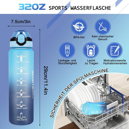 Sport Trinkflasche 1L BPA-frei mit Stroh Zeitmarkierungen Auslaufsicher