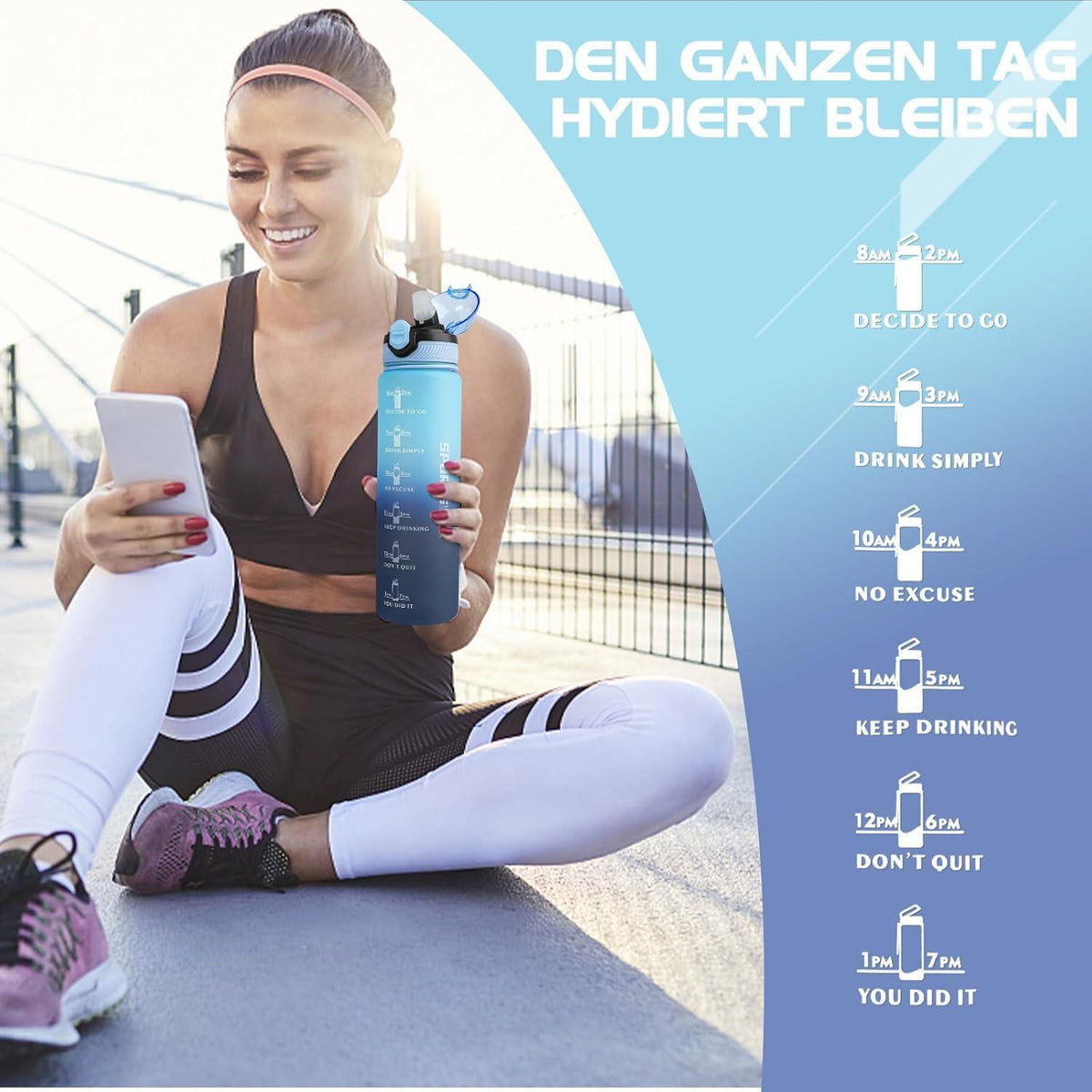 Trinkflasche 1L BPA-frei Sport Wasserflasche mit Stroh Auslaufsicher
