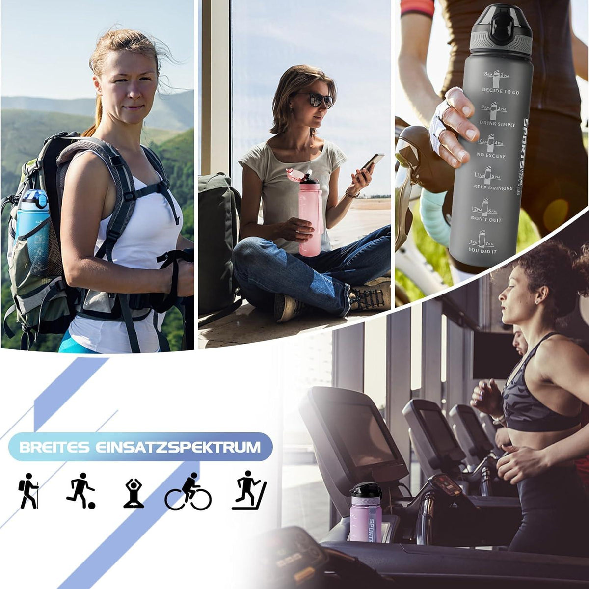 Sport Trinkflasche 1L BPA-frei mit Stroh Zeitmarkierungen Auslaufsicher