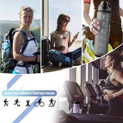 Sport Trinkflasche 1L BPA-frei mit Stroh Zeitmarkierungen Auslaufsicher