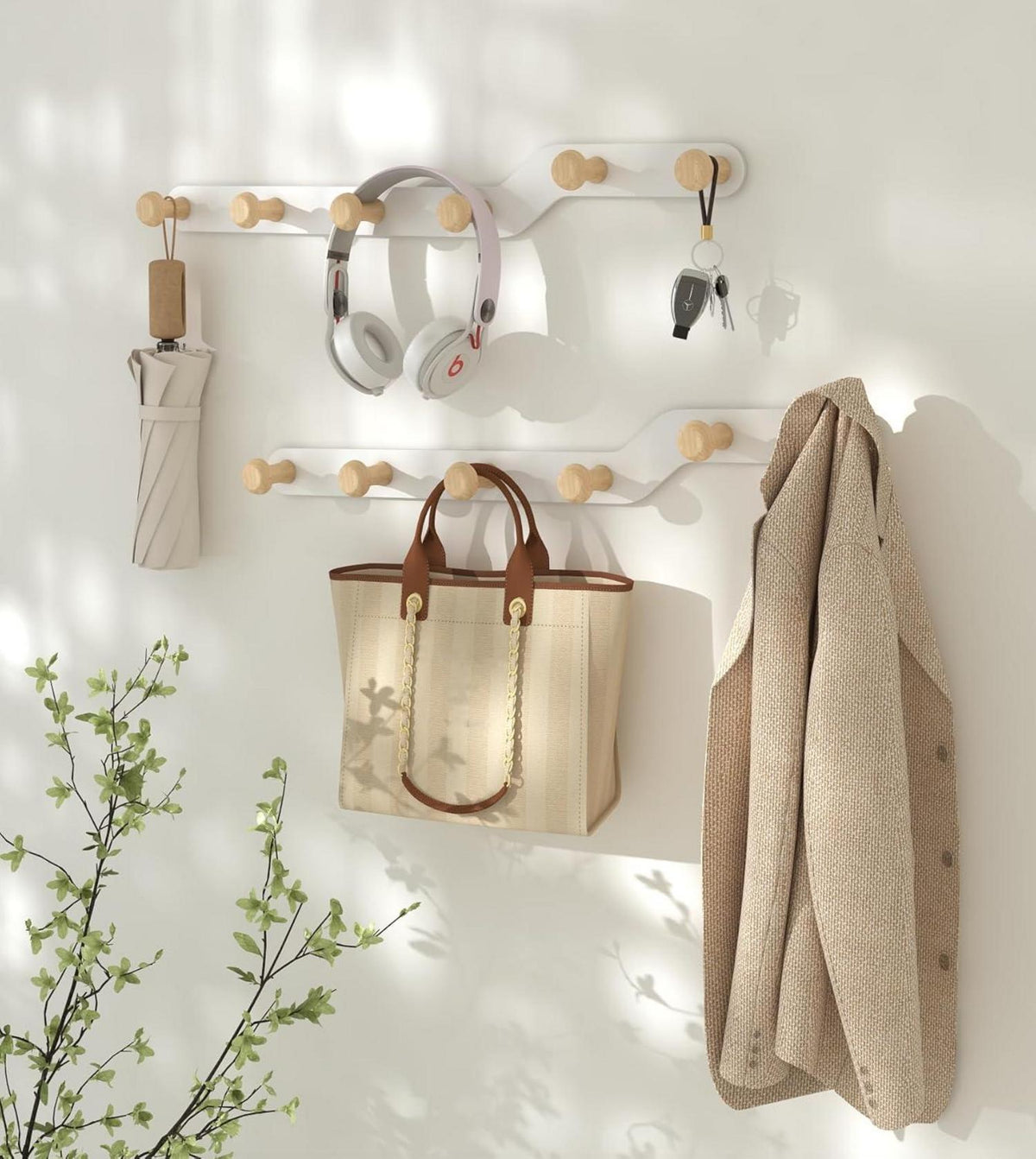 YunNasi Wandgarderobe mit 6 Haken aus Holz - Ohne Bohren