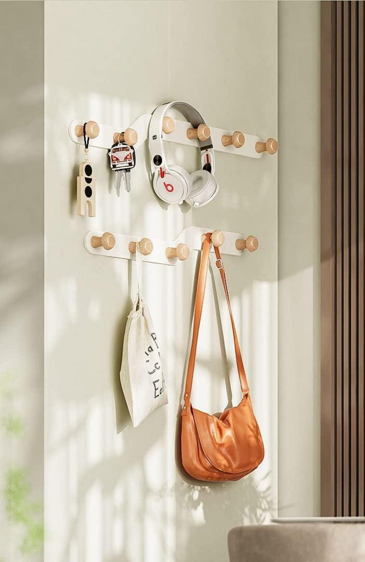 Kindergarderobe ohne Bohren Wandhakenleiste mit 6 Holzhaken Cremefarben