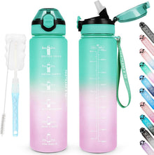 Sport Trinkflasche 1L BPA-frei mit Strohhalm Zeitmarkierungen