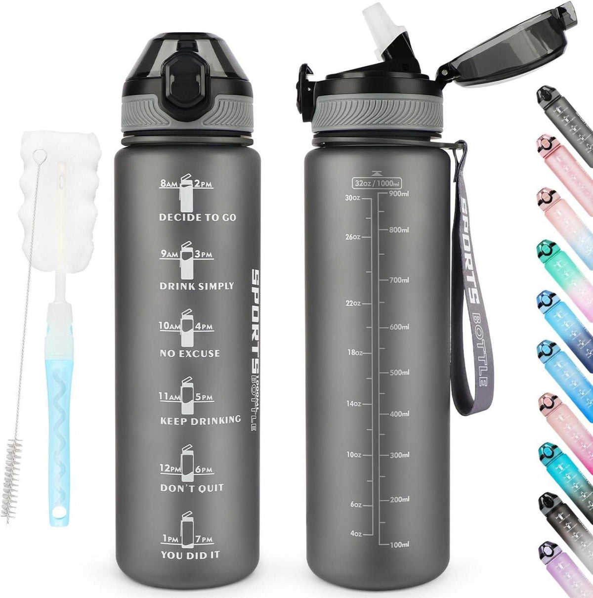 Sport Trinkflasche 1L BPA-frei mit Stroh Auslaufsicher Mattgrau