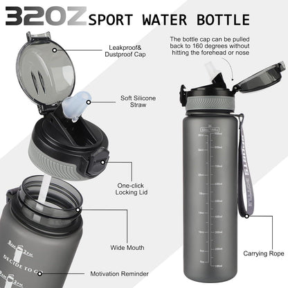Sport Trinkflasche 1L BPA-frei mit Strohhalm Mattgrau