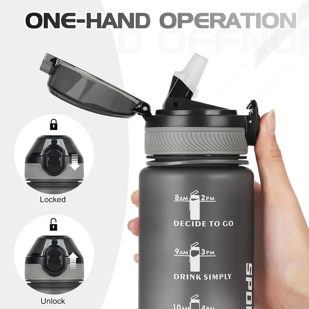 Trinkflasche 1L BPA-frei Sport Wasserflasche mit Zeitmarkierungen Mattgrau