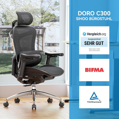 SIHOO Doro C300 Ergonomischer Bürostuhl mit 3D-Armlehnen & Lordosenstütze, Schwarz